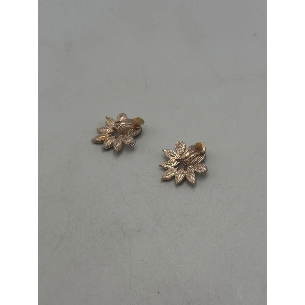 Rose Gold Tone Amber Crystal Floral Sunburst Clip On Earrings Vintage Style